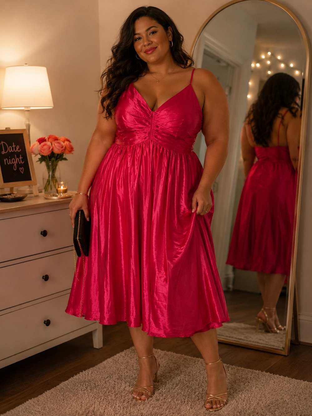 Ava & Viv Fuchsia Satin Pleated V-Neck Midi Dress